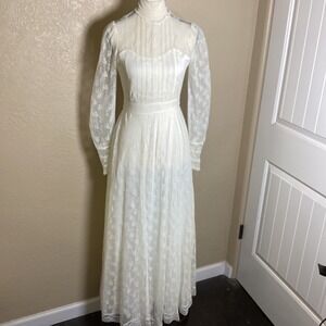 Vintage Gunne Sax Ivory Floral Lace Victorian Wedding Dress Long Sleeve Size 5